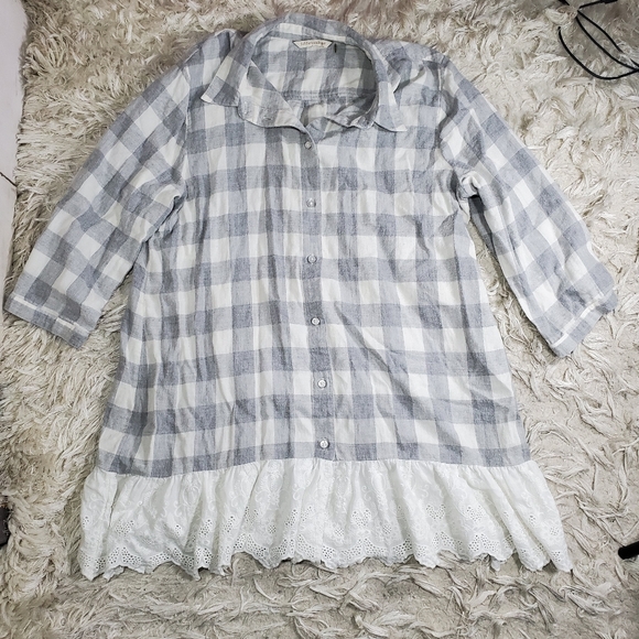 Soft Surroundings Plaid Lace Trim Top - Picture 3 of 13